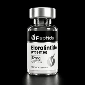 Close-up of a glass peptide vial with a black label reading 'Peptide' and dosage/purity details for research use only.