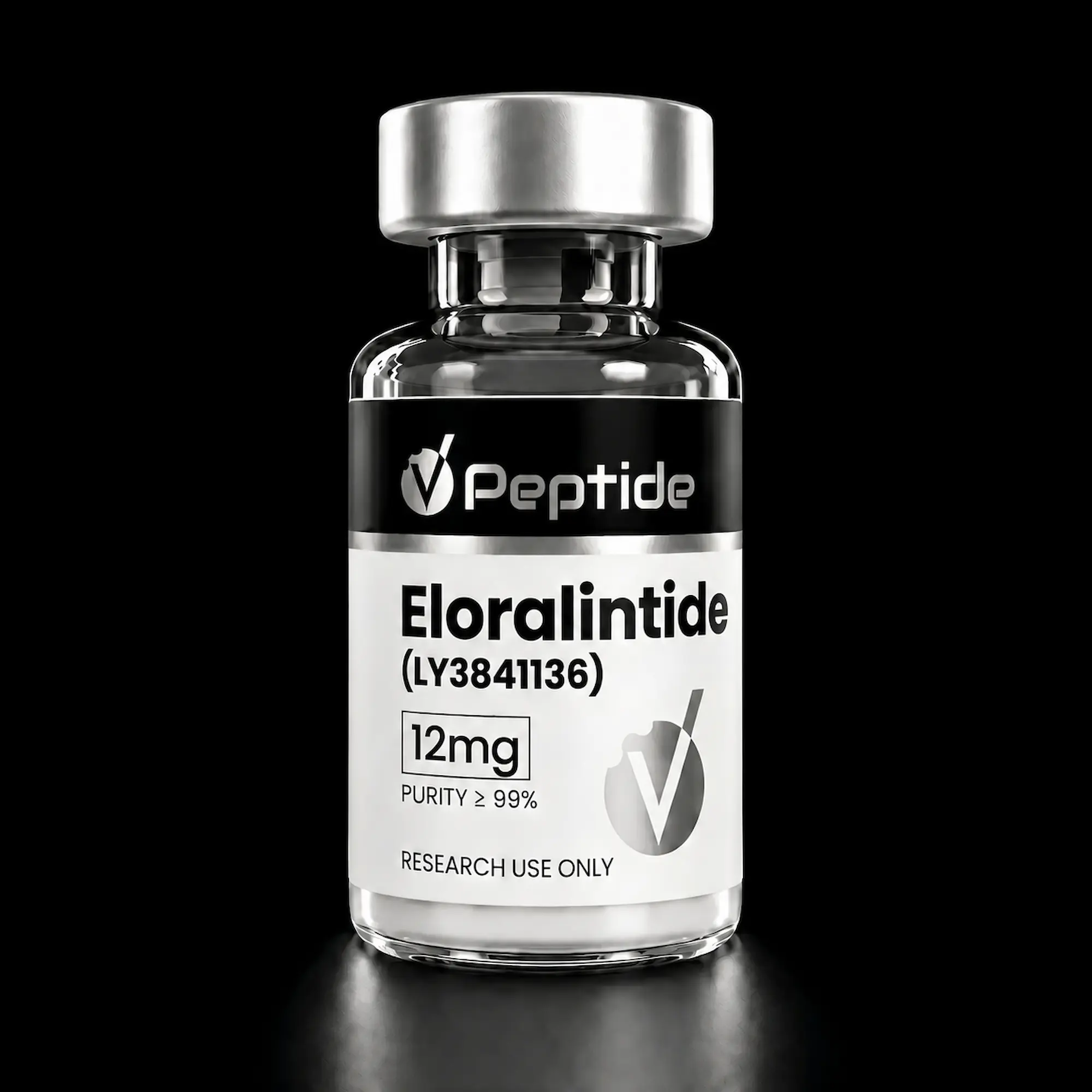 Close-up of a glass peptide vial with a black label reading 'Peptide' and dosage/purity details for research use only.