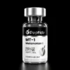 Melanotan I (MT 1) 10mg Glass bottle with a silver cap on a black background, label reads 'MT-1 Melanotan I' and '10 mg' (research use only).
