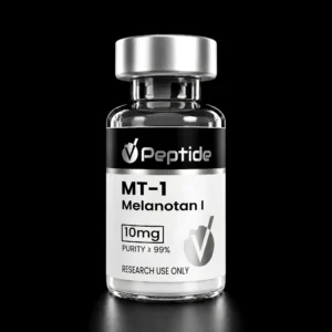 Glass bottle with a silver cap on a black background, label reads 'MT-1 Melanotan I' and '10 mg' (research use only).