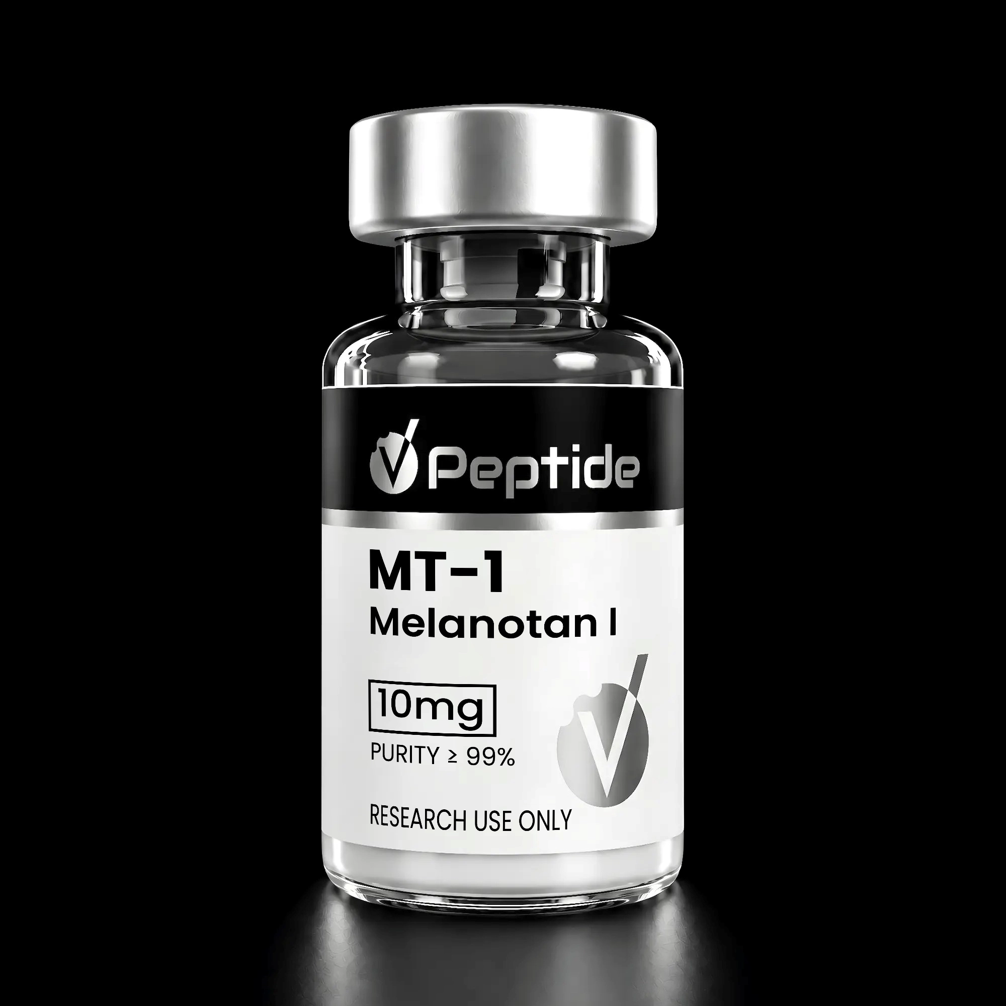 Glass bottle with a silver cap on a black background, label reads 'MT-1 Melanotan I' and '10 mg' (research use only).