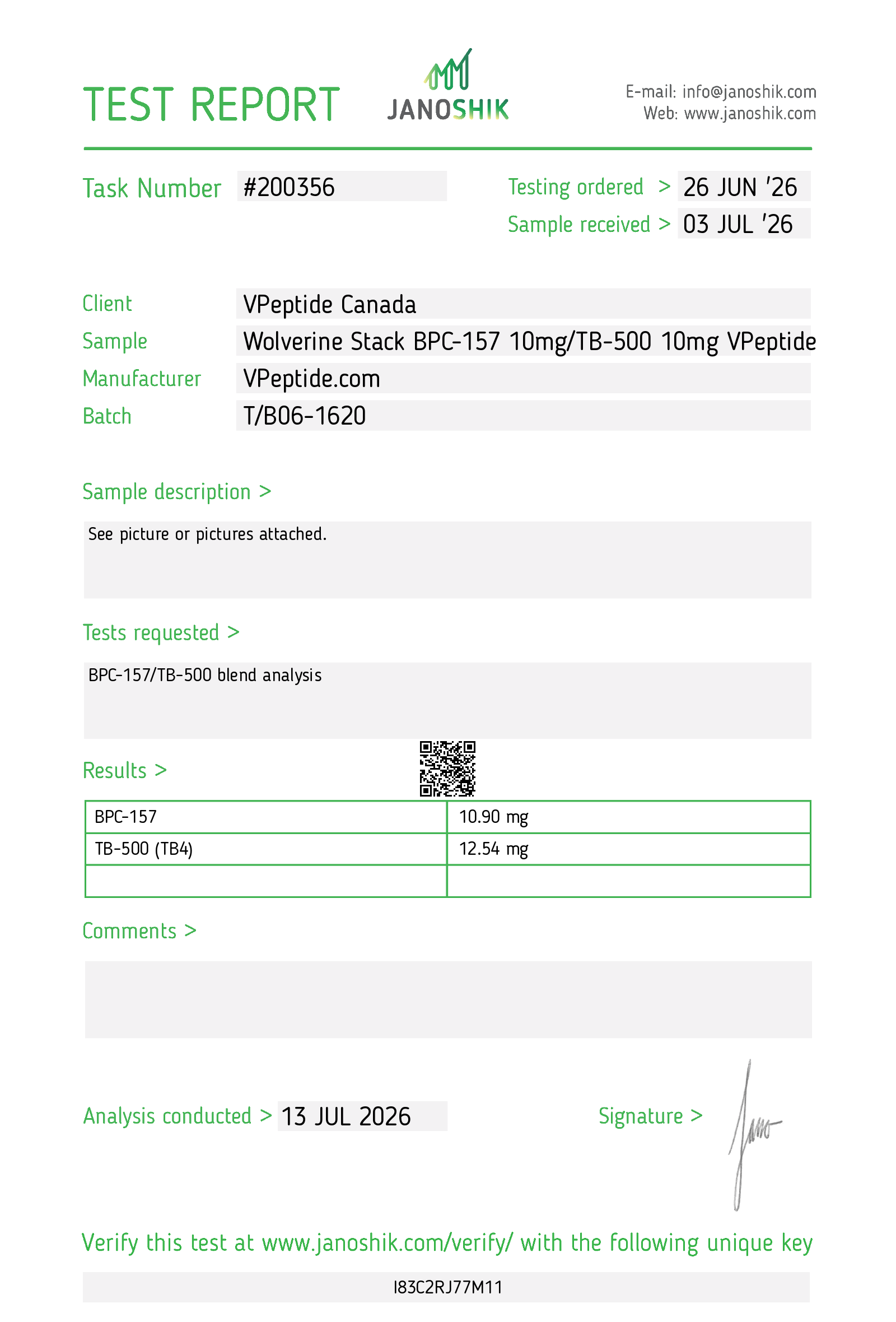 Test Report #200356 Test report header: Task #200356 for VPepide Canada, sample 'Wolverine Stack BPC-157 10mg/TB-500 10mg VPepide', Batch T/B06-1620