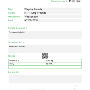 Test report page showing task #204115, client VPepide Canada, sample MT-1 10mg VPepide, batch MT106-2610, and a results table for Melanotan 1 with purity details.