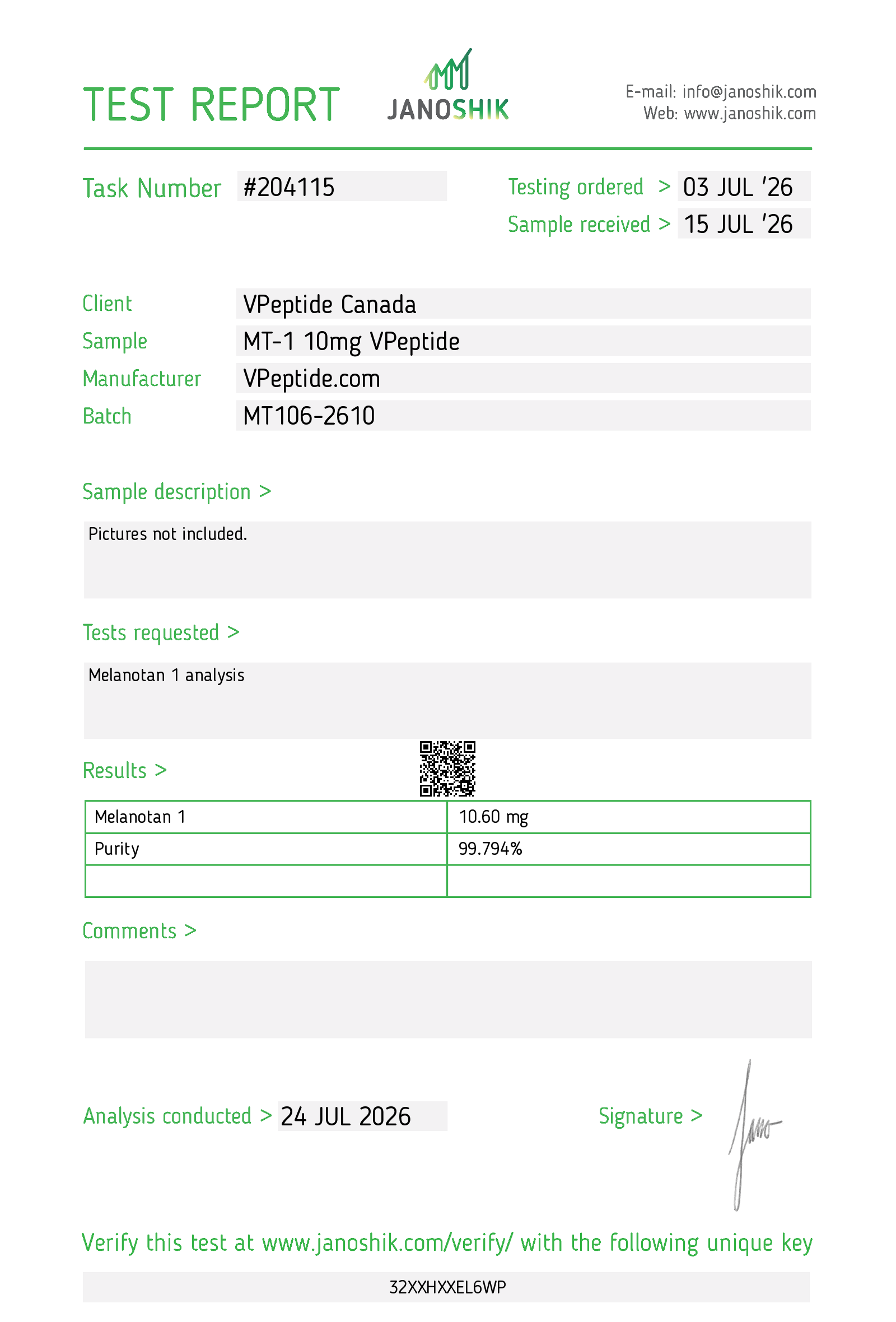 Test Report #204115 Test report page showing task #204115, client VPepide Canada, sample MT-1 10mg VPepide, batch MT106-2610, and a results table for Melanotan 1 with purity details.