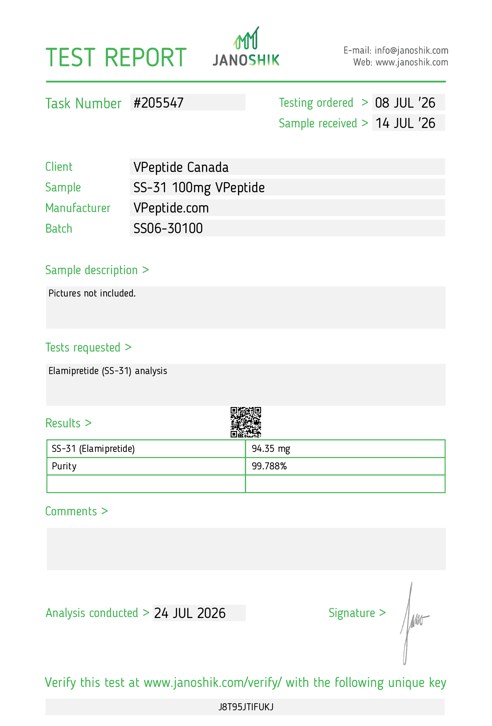 Test Report #205547 Lab test report page titled TEST REPORT for VPepide Canada; sample SS-31 100mg VPepide, batch SSO6-30100, results section visible.