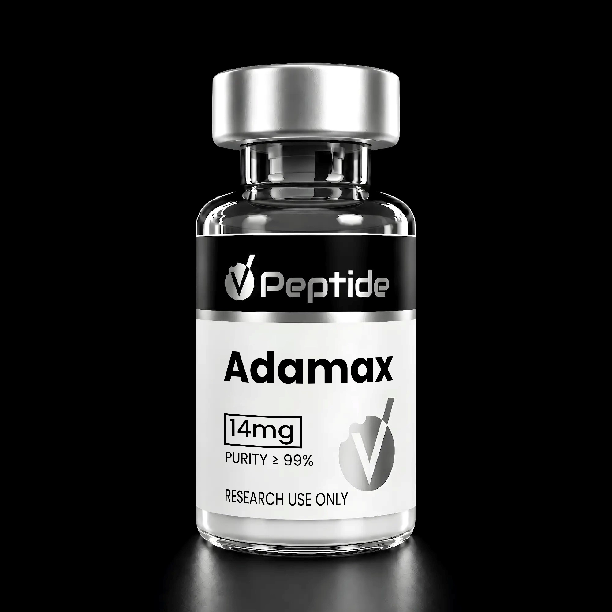 Close-up of a glass bottle with a silver cap and black label reading 'Peptide' and 'Adamax' with 14 mg and purity 99% (Research use only).