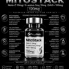 pic Infographic showing MitoStack supplement with a bottle center and sections highlighting research-grade peptide complex and ingredients (Mots-C, NAD+).