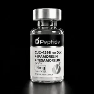 Close-up of a glass vial with a silver cap, labeled with the word 'Peptide' and listing peptide names on a white label against a black background.