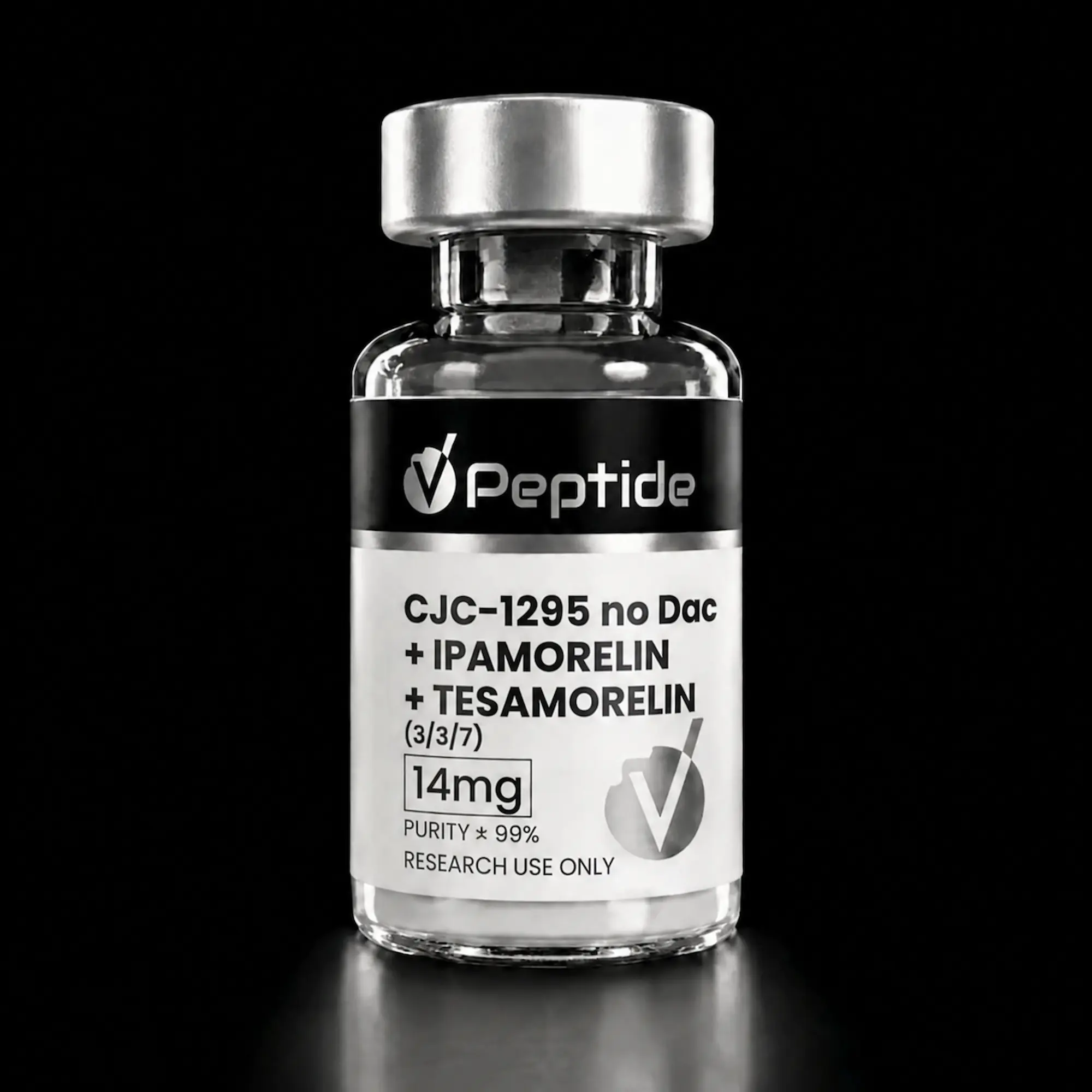 Close-up of a glass vial with a silver cap, labeled with the word 'Peptide' and listing peptide names on a white label against a black background.