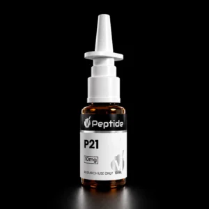 Close-up of a white syringe attached to a small amber vial against a black background, showing a peptide product label with 'Peptide' and '10 mL' text (research use only).