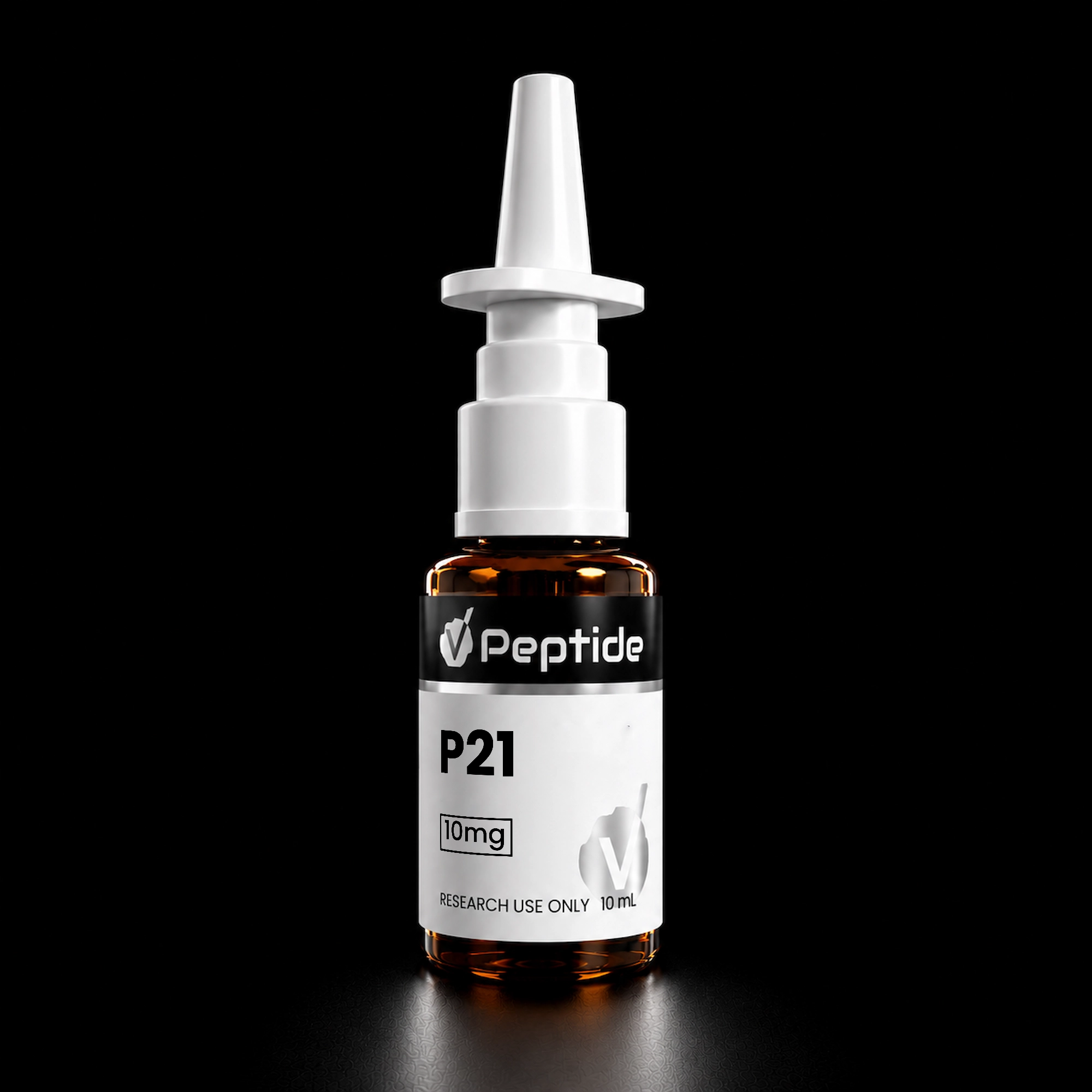 Close-up of a white syringe attached to a small amber vial against a black background, showing a peptide product label with 'Peptide' and '10 mL' text (research use only).