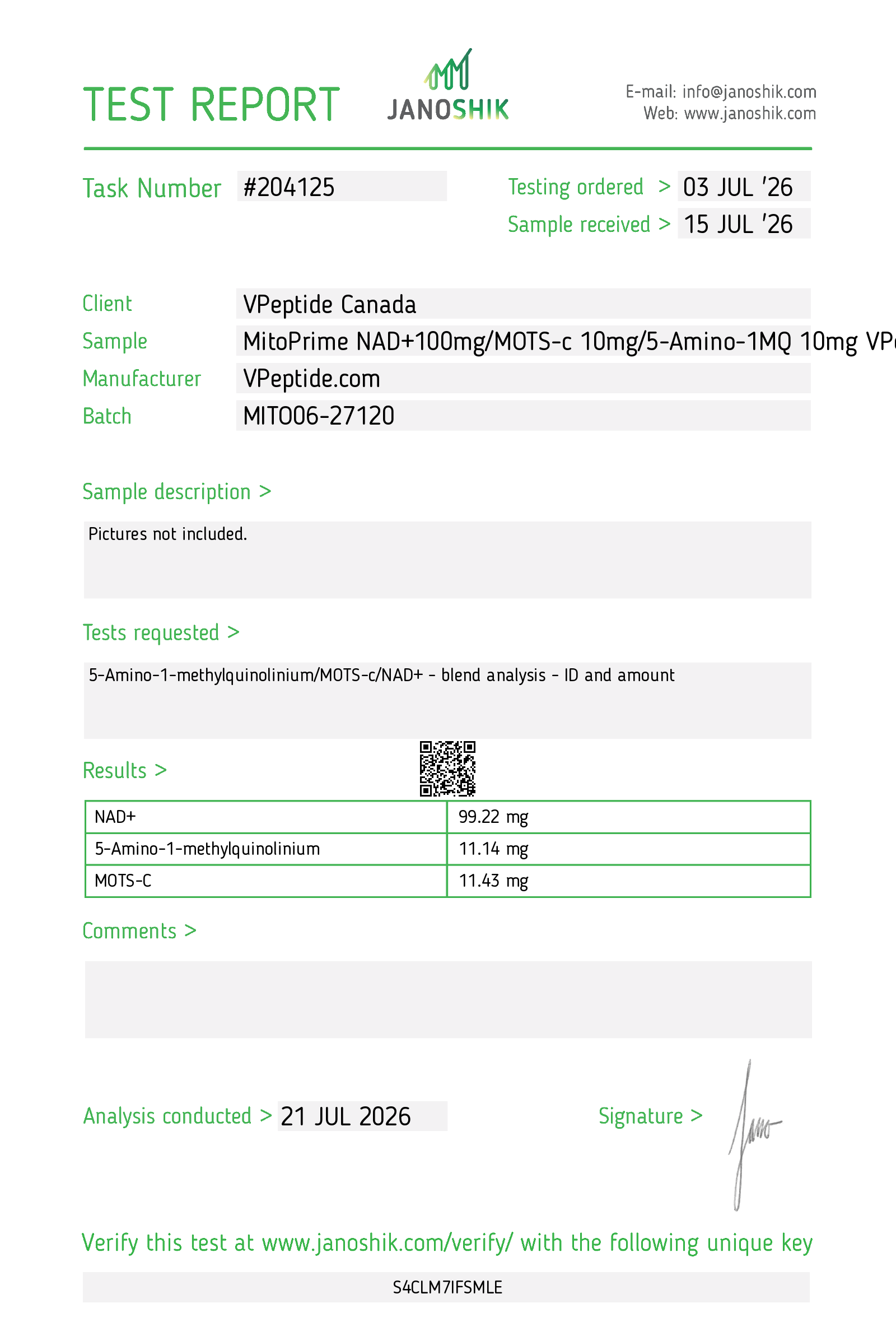 Test Report #204125 Laboratory test report page showing task number, client (VPeptide Canada), sample details, and a results table with NAD+, MOTS-C, and 5-Amino-1-methylquinolinimum values