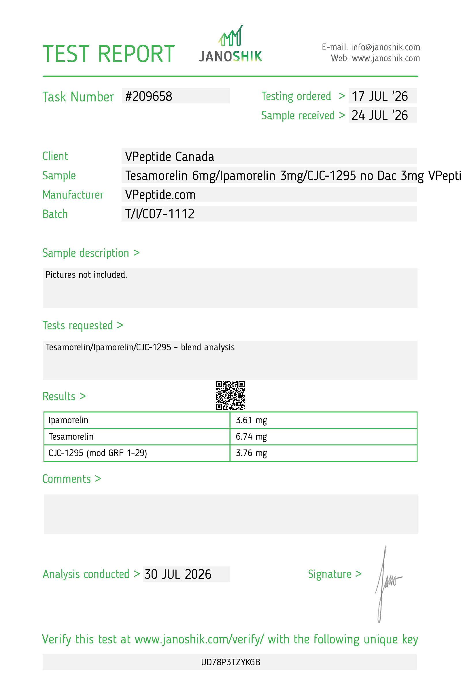 Test Report #209658 Test report header with task #209658, client details, and sample information (VPepide Canada) shown on a clean layout.