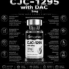 CJC with DAC 5mg CJC-1295 with DAC promotional infographic featuring a vial against a black background and bold metallic title text.