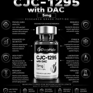 CJC-1295 with DAC promotional infographic featuring a vial against a black background and bold metallic title text.