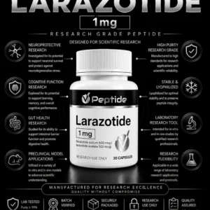 Infographic-style image of a Larazotide bottle with 1mg label and surrounding research icons and text describing its scientific use and purity standards.