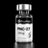 PNC Close-up of a glass bottle with a silver cap and a black label reading 'Peptide' and 'PNC-27' against a black background.