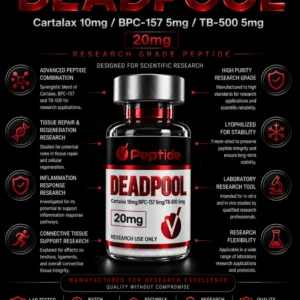 Advertising infographic for Deadpool peptide bottle, showing '20 mg' and label text with scientific icons around a central bottle.