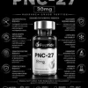 info Infographic for PNC-27 30mg peptide highlighting research use and benefits around a central vial.