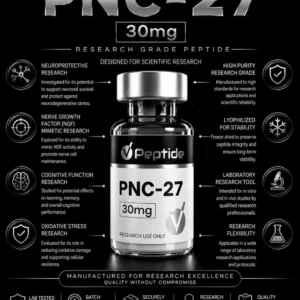 Infographic for PNC-27 30mg peptide highlighting research use and benefits around a central vial.