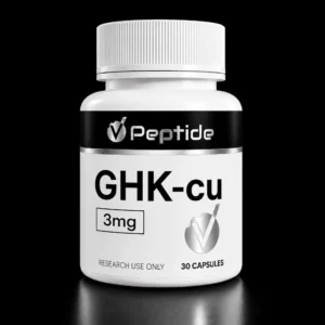 Close-up of a white bottle with a ribbed cap and a black label reading 'Peptide' and '30 capsules'.