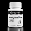 MB White bottle with a tall ribbed white cap, black label showing the word 'Peptide' and 'Methylene Blue' with '10 mg' in a box, research use only, 30 capsules.
