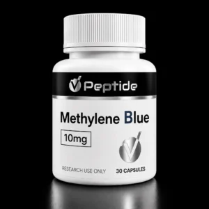 White bottle with a tall ribbed white cap, black label showing the word 'Peptide' and 'Methylene Blue' with '10 mg' in a box, research use only, 30 capsules.