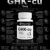 info GHK-Cu 3mg research peptide bottle at center with surrounding icons and text about scientific research and purity (infographic).
