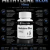 info Infographic poster for Methylen e Blue 10 mg capsules centered on a bottle with science icons around it, promoting research use.