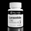 laraz Close-up of a white medicine bottle with a black label reading Lorazotide, showing 1 mg and 30 capsules for research use only.