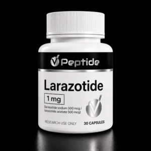 Close-up of a white medicine bottle with a black label reading Lorazotide, showing 1 mg and 30 capsules for research use only.