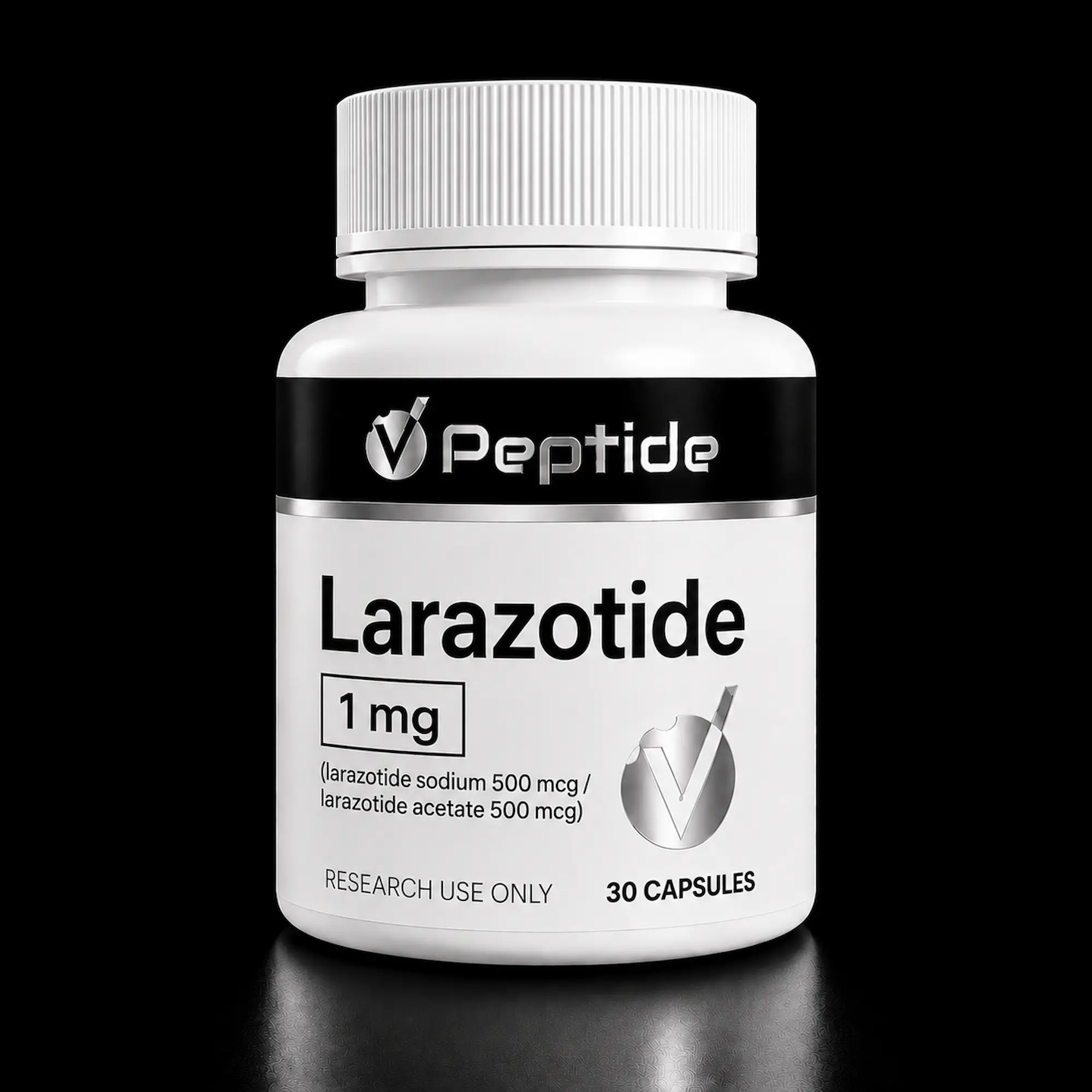 laraz Close-up of a white medicine bottle with a black label reading Lorazotide, showing 1 mg and 30 capsules for research use only.