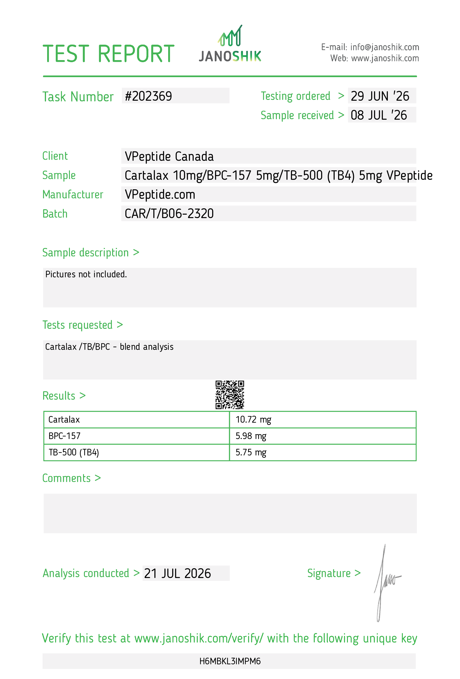 Test Report #202369 Janoshik test report for task #202369 showing client VPep tide Canada, sample Cartalax/BPC-157/TB-500, and results: Cartalax 10.72 mg, BPC-157 5.98 mg, TB-500 5.75 mg.