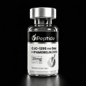 Clear glass bottle with a metal cap, label reads 'Peptide' and mentions CJC-1295 with Ipamorelin (10/10), for research use only, purity ≥99%.