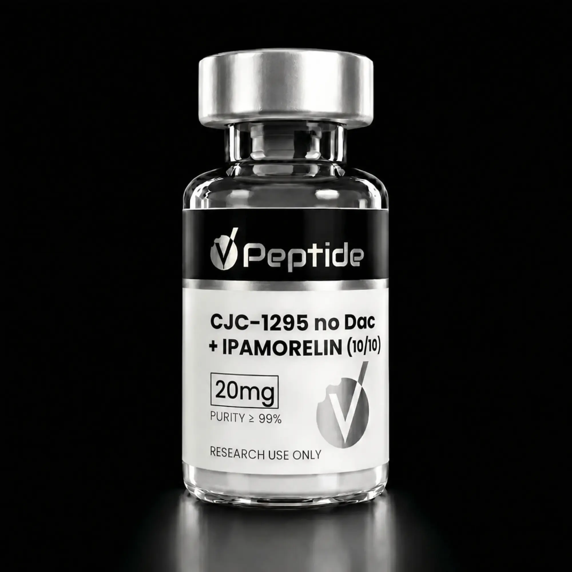 Clear glass bottle with a metal cap, label reads 'Peptide' and mentions CJC-1295 with Ipamorelin (10/10), for research use only, purity ≥99%.