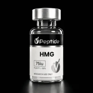 Close-up of a glass vial with a shiny silver cap; label reads ‘Peptide’ and ‘HMG’, with 75iu and purity ≥99% for research use only.