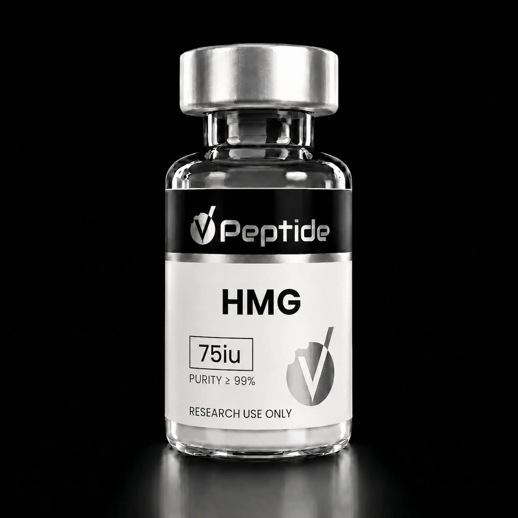 Close-up of a glass vial with a shiny silver cap; label reads ‘Peptide’ and ‘HMG’, with 75iu and purity ≥99% for research use only.