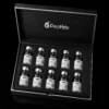 hgh Open black presentation case containing multiple Peptide HGH vials arranged in foam, with a Peptide logo on the lid interior.