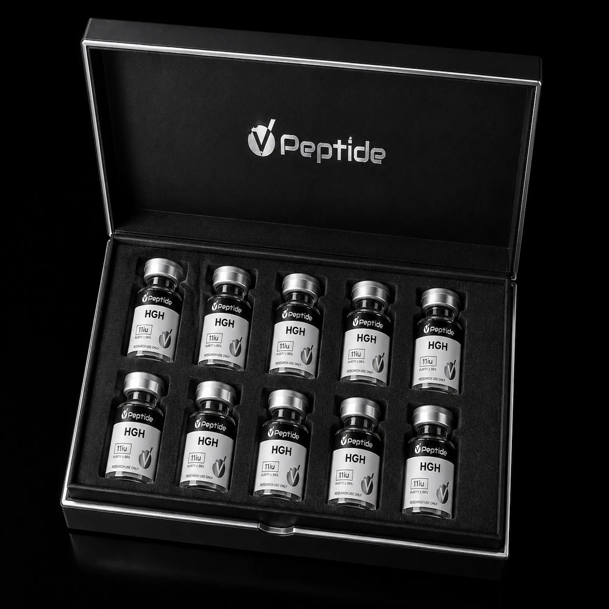Open black presentation case containing multiple Peptide HGH vials arranged in foam, with a Peptide logo on the lid interior.