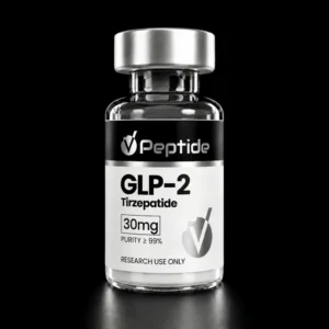 Close-up of a glass bottle with a silver cap against a black background; label reads 'Peptide' and 'GLP-2 Tirzepatide'.