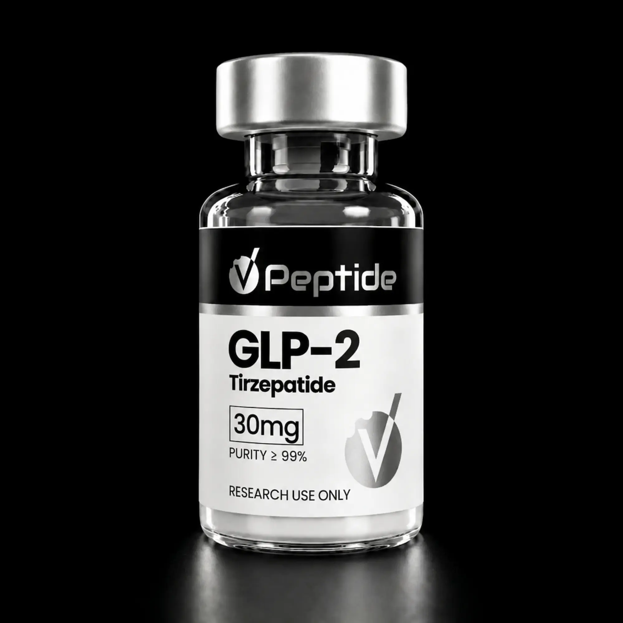 Close-up of a glass bottle with a silver cap against a black background; label reads 'Peptide' and 'GLP-2 Tirzepatide'.