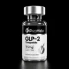 glp2 15mg Close-up of a glass bottle with a metal cap, label reads 'Peptide GLP-2 Tirzepatide' on a black background (research use only).