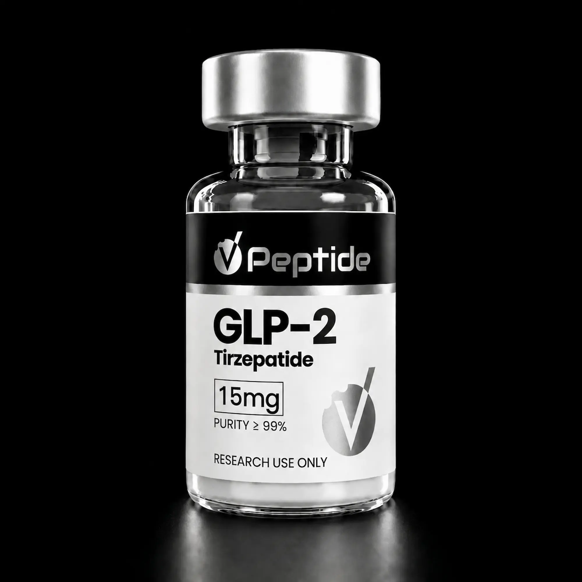 Close-up of a glass bottle with a metal cap, label reads 'Peptide GLP-2 Tirzepatide' on a black background (research use only).
