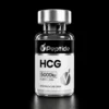 Close-up of a glass bottle with a metallic cap, label shows HCG and 'Research Use Only' with VPeptide logo on a black background.