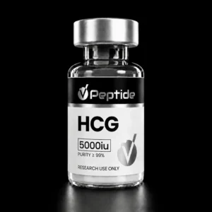 Close-up of a glass bottle with a metallic cap, label shows HCG and 'Research Use Only' with VPeptide logo on a black background.