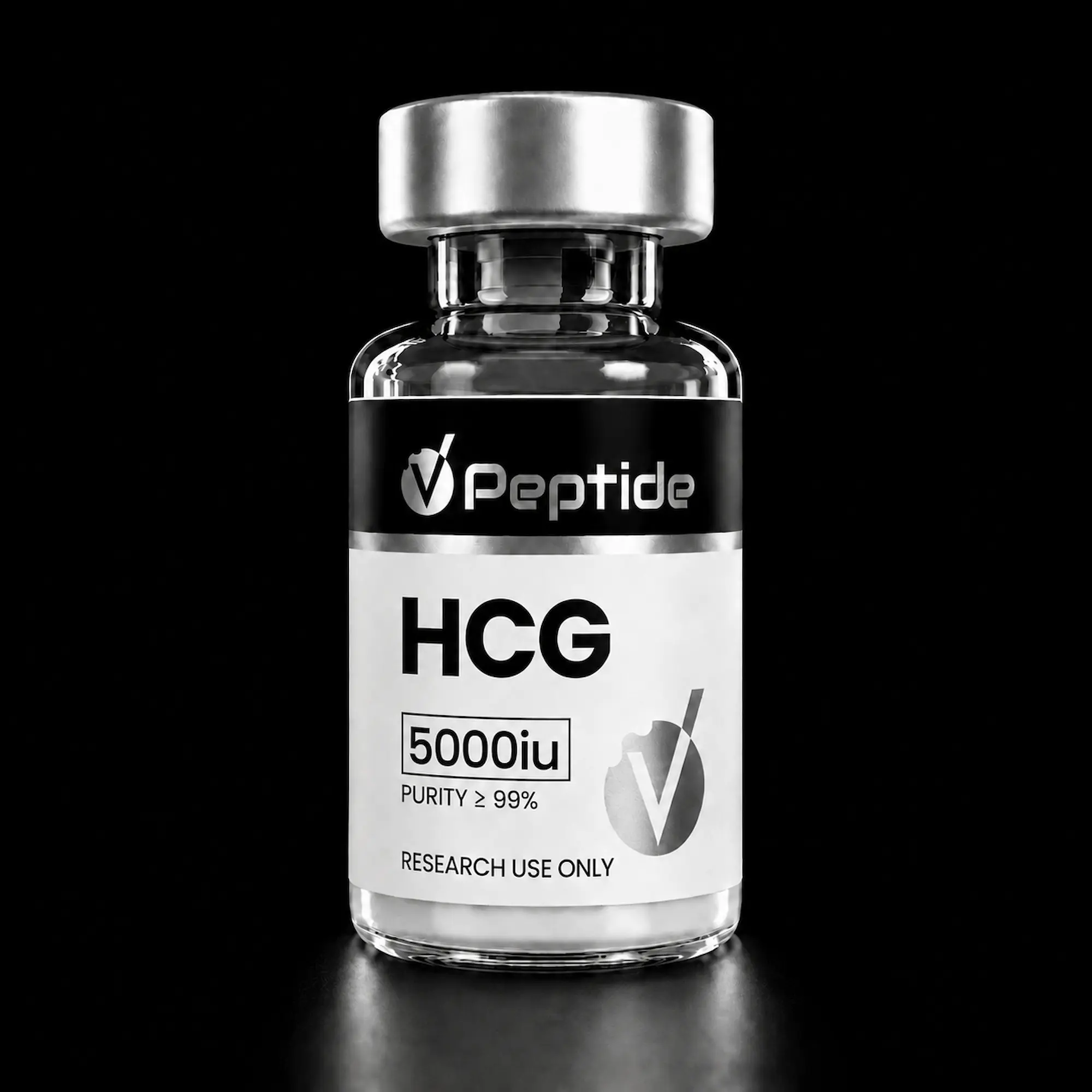 Close-up of a glass bottle with a metallic cap, label shows HCG and 'Research Use Only' with VPeptide logo on a black background.
