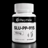 915 White bottle with a ribbed silver cap and black label reading 'Peptide' and 'SLU-PP-915', 10 mg, 30 capsules, for research use only.