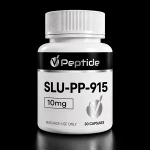 White bottle with a ribbed silver cap and black label reading 'Peptide' and 'SLU-PP-915', 10 mg, 30 capsules, for research use only.
