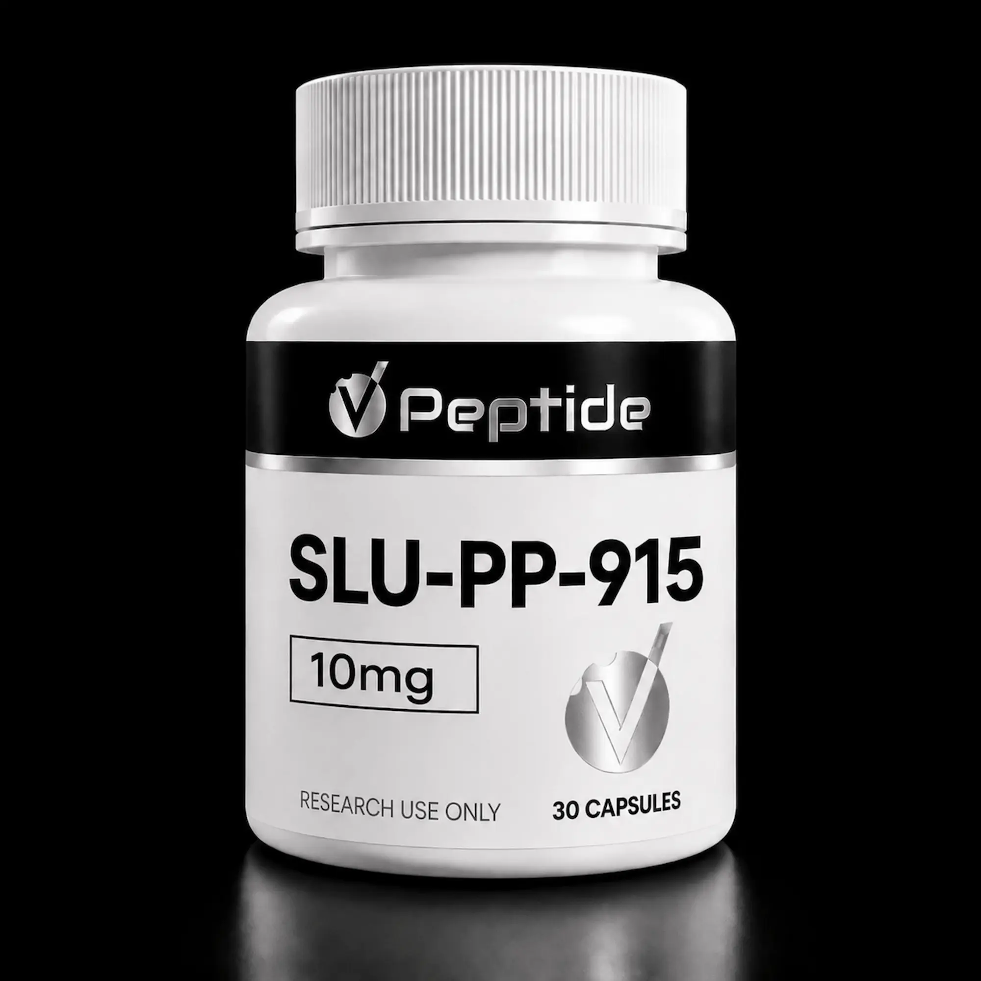 White bottle with a ribbed silver cap and black label reading 'Peptide' and 'SLU-PP-915', 10 mg, 30 capsules, for research use only.