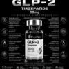 Tirzepatide 30mg Infographic of a GLP-2 Tirzepatide vial by VPeptide, with 30 mg dose and research-use notes on a black background.